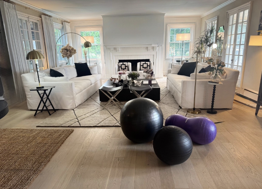 Living room with fireplace and yoga balls